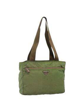 Authentic PRADA Shoulder Bag Nylon Khaki Silver